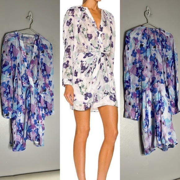 IRO Revolve ODINE long sleeve mini dress wrap watercolor floral print 40 - Picture 1 of 9